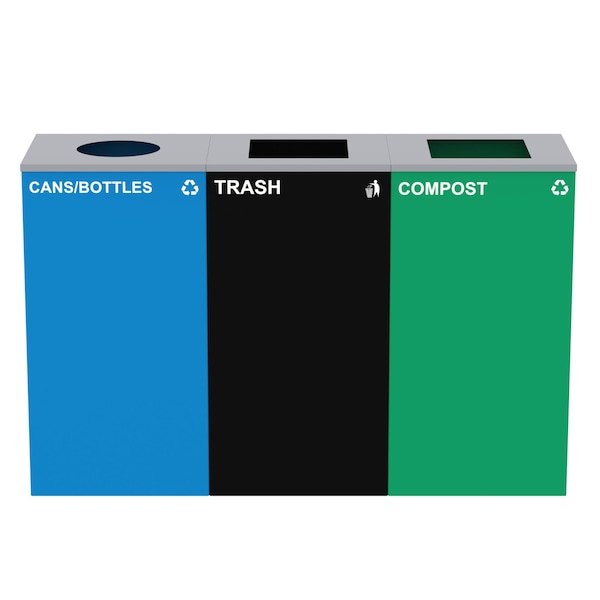 Alpine Industries 87 Gal. 3-Stream Steel Blue Cans & Bottles, Green Compost, and Black Commercial Trash Can Station ALP4450-BLK-KIT34 - main